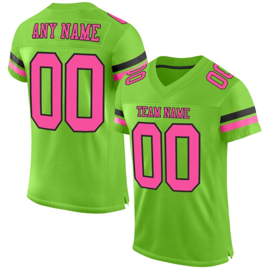 Maglia da football personalizzata verde rosa-nera in mesh autentica al neon Maglia da football personalizzata verde rosa-nera in mesh autentica al neon