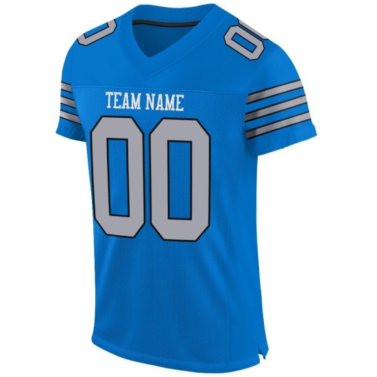 Maglia da football autentica Panther in maglia blu personalizzata grigio chiaro-nera Maglia da football autentica Panther in maglia blu personalizzata grigio chiaro-nera