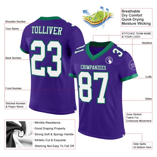 Maglia da football verde bianca Kelly autentica personalizzata viola Maglia da football verde bianca Kelly autentica personalizzata viola