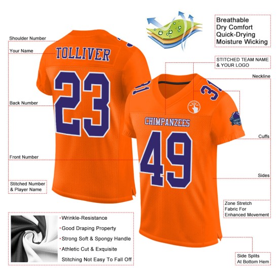 Maglia da calcio personalizzata autentica in mesh arancione viola-bianca Maglia da calcio personalizzata autentica in mesh arancione viola-bianca