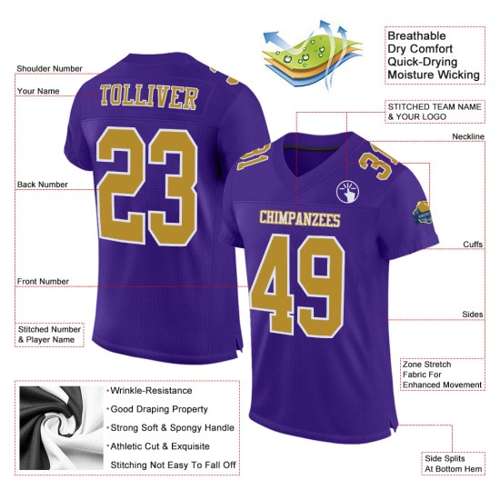Maglia autentica da football viola personalizzata in maglia oro antico-bianco Maglia autentica da football viola personalizzata in maglia oro antico-bianco