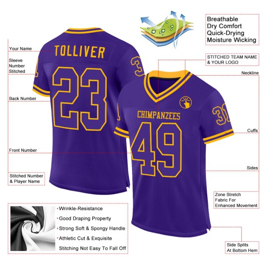 Maglia da football retrò autentica in maglia viola e oro personalizzata Maglia da football retrò autentica in maglia viola e oro personalizzata