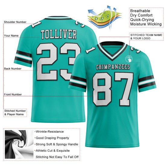 Maglia da football autentica personalizzata in maglia bianca e nera color acquamarina Maglia da football autentica personalizzata in maglia bianca e nera color acquamarina