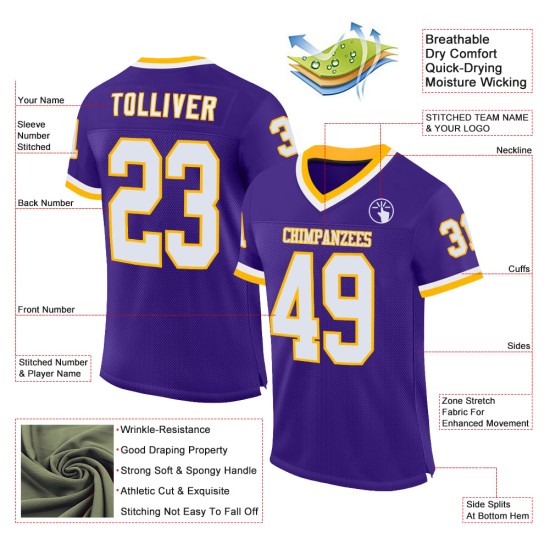 Maglia da football personalizzata vintage, viola, bianca e oro, autentica Maglia da football personalizzata vintage, viola, bianca e oro, autentica