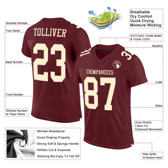 Maglia da football autentica personalizzata in maglia color crema bordeaux Maglia da football autentica personalizzata in maglia color crema bordeaux