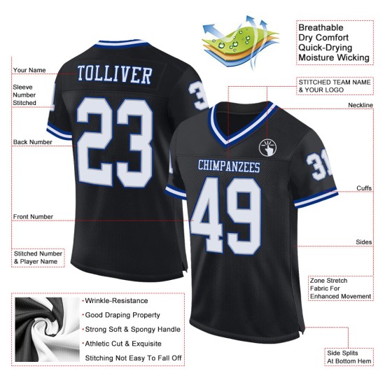 Maglia da football retrò personalizzata, autentica, nera, bianca e blu navy Maglia da football retrò personalizzata, autentica, nera, bianca e blu navy