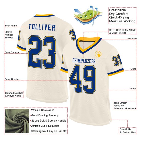 Maglia da football retrò personalizzata autentica color crema Royal-Gold Maglia da football retrò personalizzata autentica color crema Royal-Gold