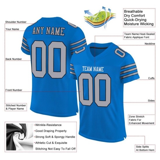 Maglia da football autentica Panther in maglia blu personalizzata grigio chiaro-nera Maglia da football autentica Panther in maglia blu personalizzata grigio chiaro-nera