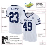 Maglia da football personalizzata in maglia bianca autentica, stile retrò, blu navy e grigio Maglia da football personalizzata in maglia bianca autentica, stile retrò, blu navy e grigio