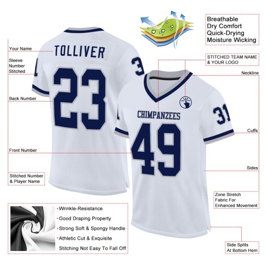 Maglia da football personalizzata in maglia bianca autentica, stile retrò, blu navy e grigio Maglia da football personalizzata in maglia bianca autentica, stile retrò, blu navy e grigio