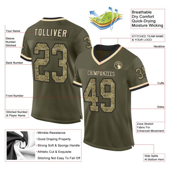 Maglia da football americana autentica, stile retrò, colore nero-crema, Olive Salute Custom Camo Maglia da football americana autentica, stile retrò, colore nero-crema, Olive Salute Custom Camo