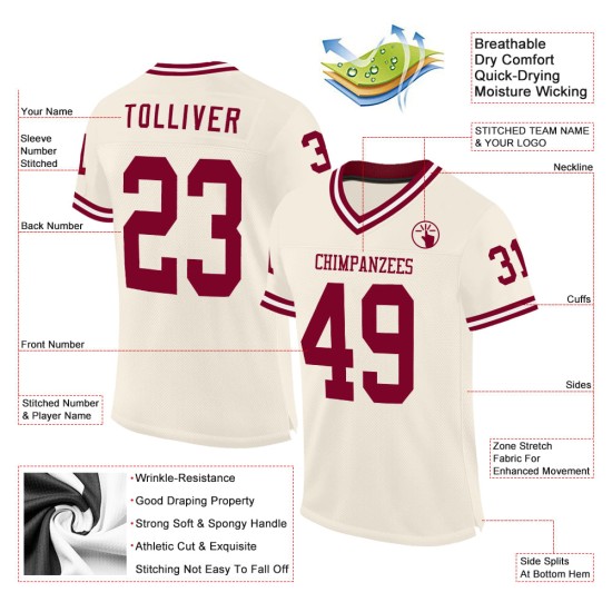Maglia da football personalizzata autentica in maglia bordeaux-bianca, stile retrò color crema Maglia da football personalizzata autentica in maglia bordeaux-bianca, stile retrò color crema