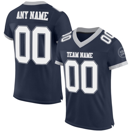 Maglia da football autentica blu navy personalizzata bianco-grigia Maglia da football autentica blu navy personalizzata bianco-grigia