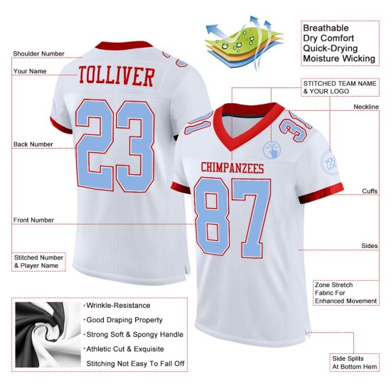 Maglia da calcio personalizzata autentica in rete, bianca, blu e rossa, leggera Maglia da calcio personalizzata autentica in rete, bianca, blu e rossa, leggera