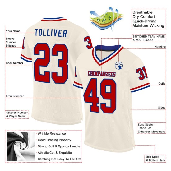 Maglia da football americano personalizzata, autentica, in maglia rossa, color crema, stile Royal-White Maglia da football americano personalizzata, autentica, in maglia rossa, color crema, stile Royal-White