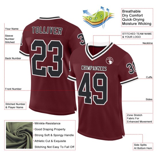Maglia da football personalizzata bordeaux autentica in rete nera e bianca retrò Maglia da football personalizzata bordeaux autentica in rete nera e bianca retrò