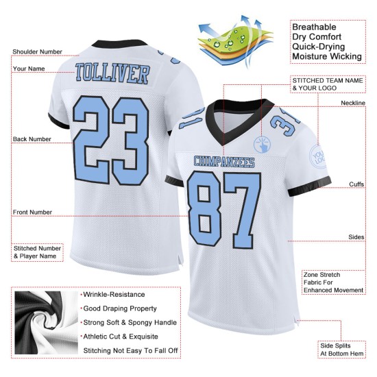 Maglia da calcio autentica, personalizzata, blu-nera, bianca e in rete Maglia da calcio autentica, personalizzata, blu-nera, bianca e in rete