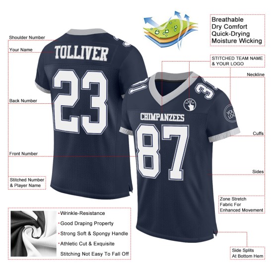Maglia da football autentica blu navy personalizzata bianco-grigia Maglia da football autentica blu navy personalizzata bianco-grigia