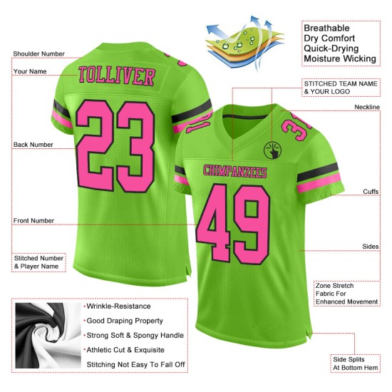 Maglia da football personalizzata verde rosa-nera in mesh autentica al neon Maglia da football personalizzata verde rosa-nera in mesh autentica al neon