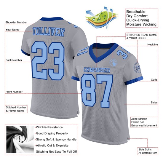 Maglia da calcio personalizzata, leggera, autentica, grigia e blu royal Maglia da calcio personalizzata, leggera, autentica, grigia e blu royal