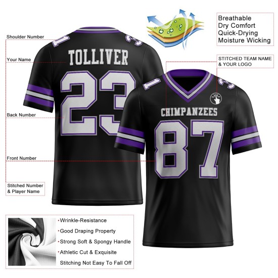 Maglia da football viola-grigia bianca personalizzata in mesh nero autentico Maglia da football viola-grigia bianca personalizzata in mesh nero autentico