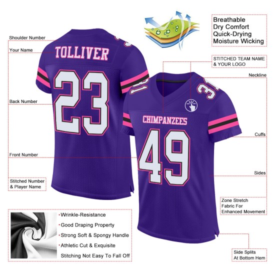 Maglia da football personalizzata autentica viola in maglia bianca, nera e rosa Maglia da football personalizzata autentica viola in maglia bianca, nera e rosa