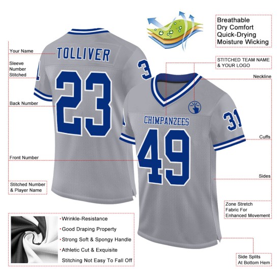 Maglia personalizzata in maglia grigia, blu royal e bianca, stile retrò da football Maglia personalizzata in maglia grigia, blu royal e bianca, stile retrò da football