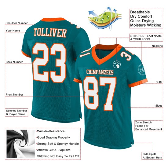 Maglia da football autentica personalizzata, verde acqua, bianca e arancione