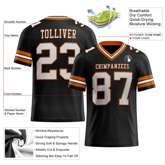 Maglia da football autentica personalizzata in maglia bianca e arancione Texas nera Maglia da football autentica personalizzata in maglia bianca e arancione Texas nera